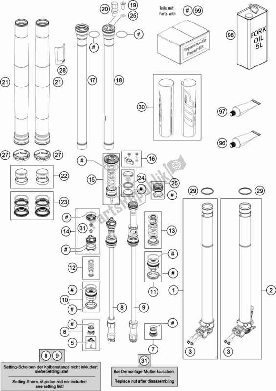 All parts for the Front Fork Disassembled of the Husqvarna FC 350 EU 2021