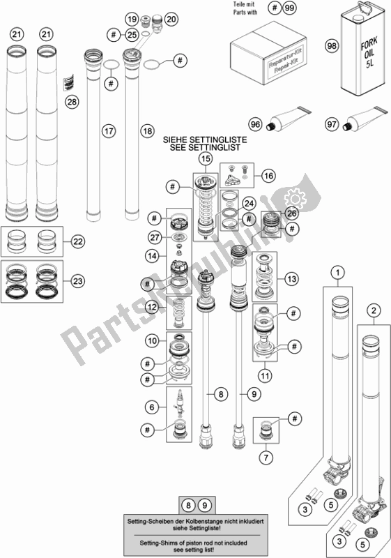 All parts for the Front Fork Disassembled of the Husqvarna FC 450 EU 2019