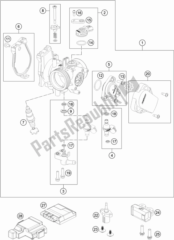 All parts for the Throttle Body of the Husqvarna FE 250 2018
