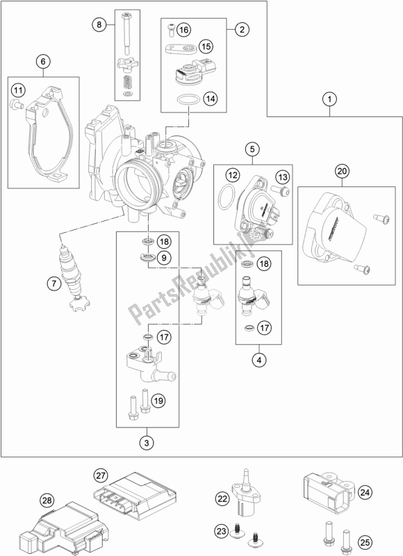 All parts for the Throttle Body of the Husqvarna FE 250 2018