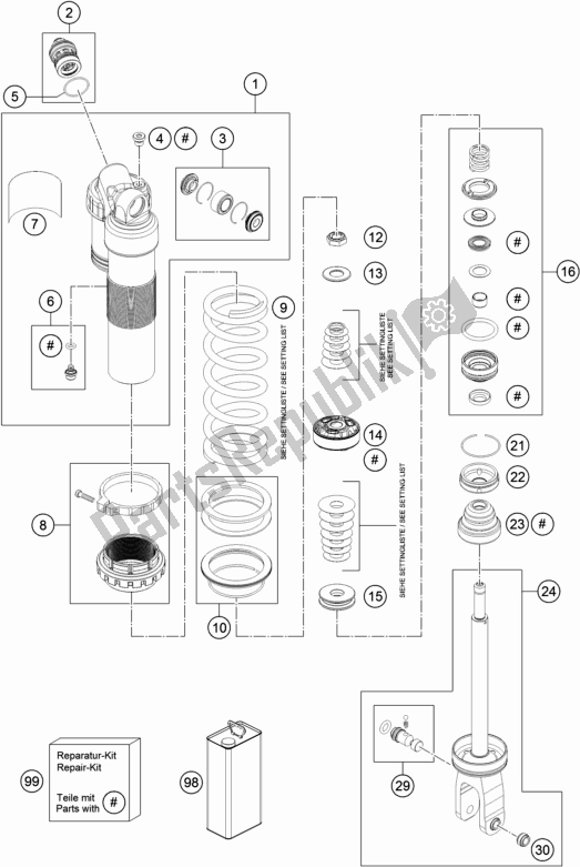 All parts for the Shock Absorber Disassembled of the Husqvarna FE 250 2019