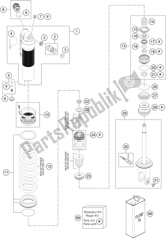 All parts for the Shock Absorber Disassembled of the Husqvarna FE 250 EU 2016