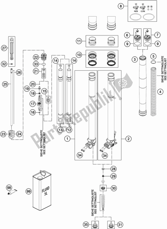 All parts for the Front Fork Disassembled of the Husqvarna FE 250 EU 2019