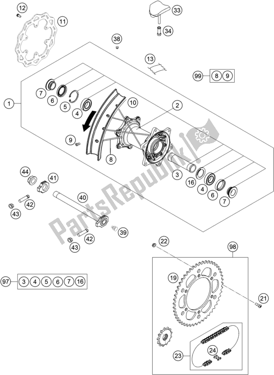 All parts for the Rear Wheel of the Husqvarna FE 250 EU 2019