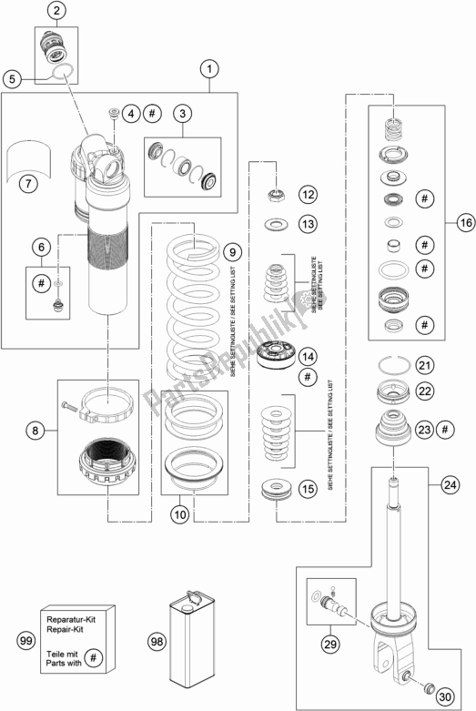 All parts for the Shock Absorber Disassembled of the Husqvarna FE 250 EU 2019