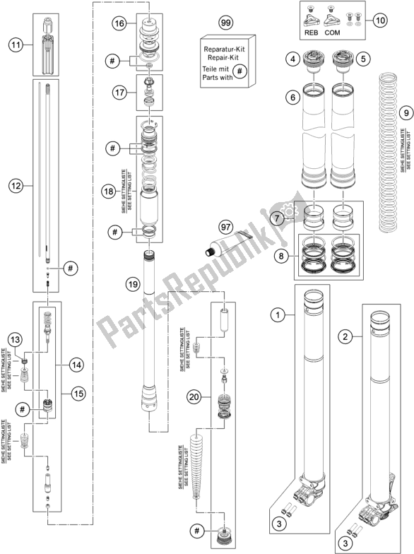 All parts for the Front Fork Disassembled of the Husqvarna FE 350 2016