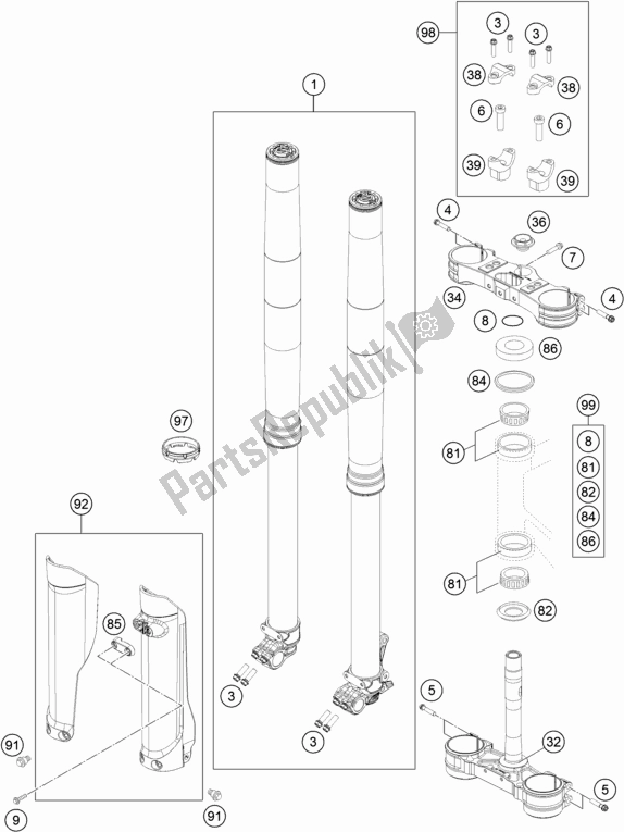 All parts for the Front Fork, Triple Clamp of the Husqvarna FE 350 2016