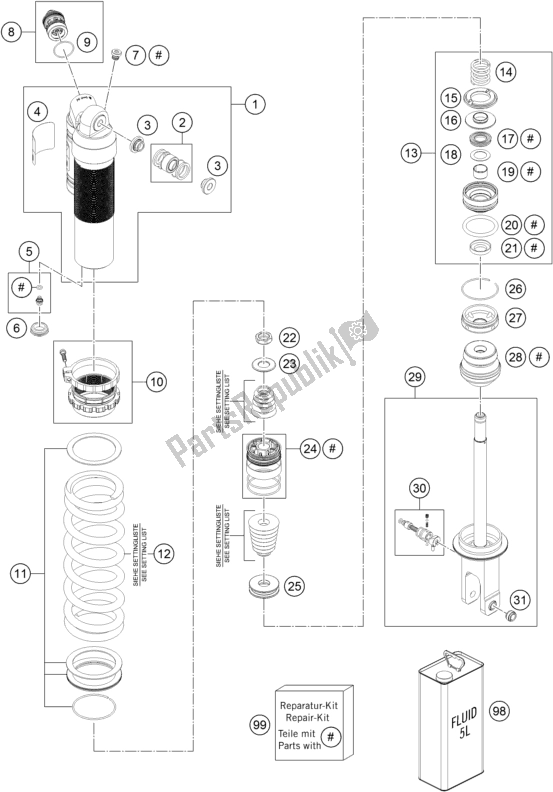 All parts for the Shock Absorber Disassembled of the Husqvarna FE 350 2016