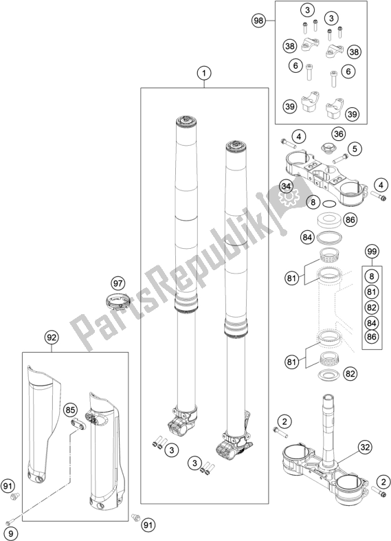 All parts for the Front Fork, Triple Clamp of the Husqvarna FE 350 2018