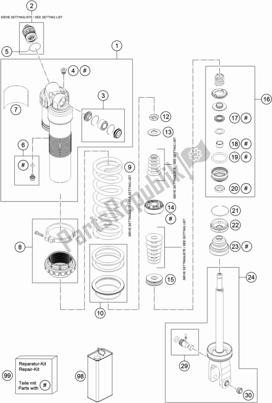 All parts for the Shock Absorber Disassembled of the Husqvarna FE 350 2018