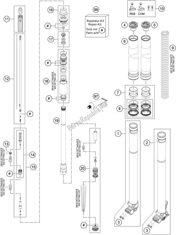 All parts for the Front Fork Disassembled of the Husqvarna FE 350 EU 2016