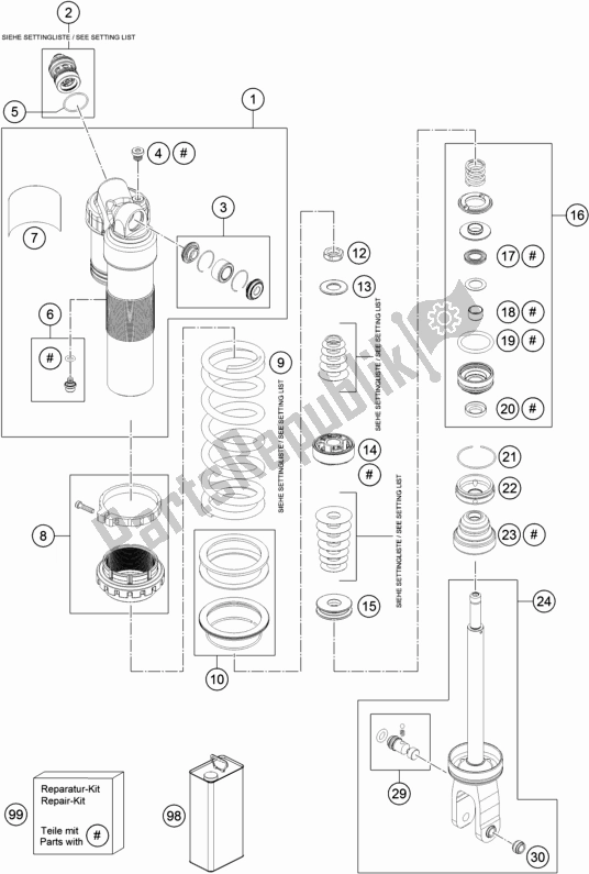 All parts for the Shock Absorber Disassembled of the Husqvarna FE 350 EU 2018