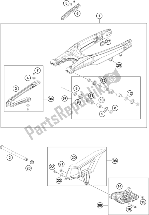 All parts for the Swing Arm of the Husqvarna FE 350 EU 2019