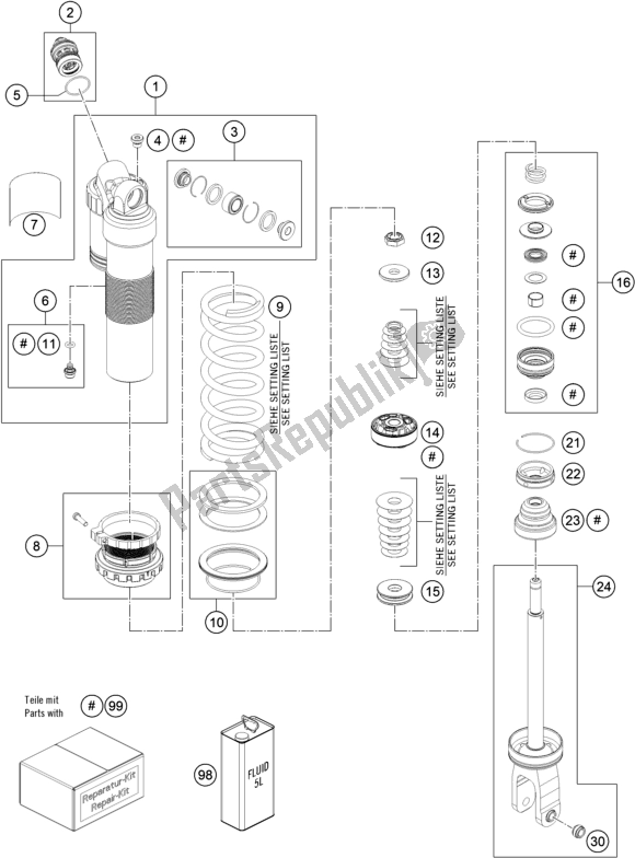 All parts for the Shock Absorber Disassembled of the Husqvarna FE 350 EU 2021