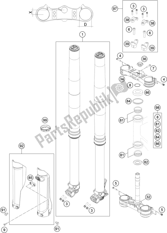 All parts for the Front Fork, Triple Clamp of the Husqvarna FE 501 2016