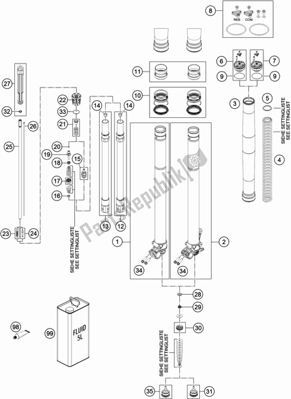 All parts for the Front Fork Disassembled of the Husqvarna FE 501 2019