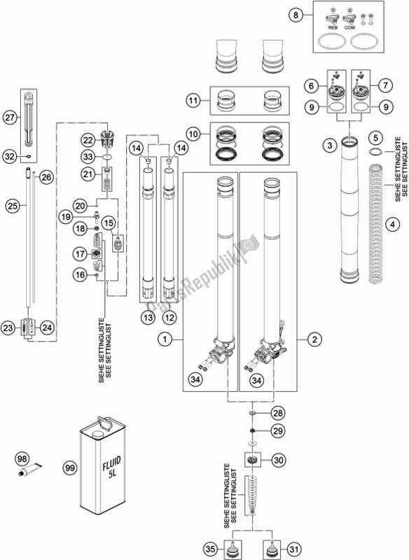 All parts for the Front Fork Disassembled of the Husqvarna FE 501 EU 2019