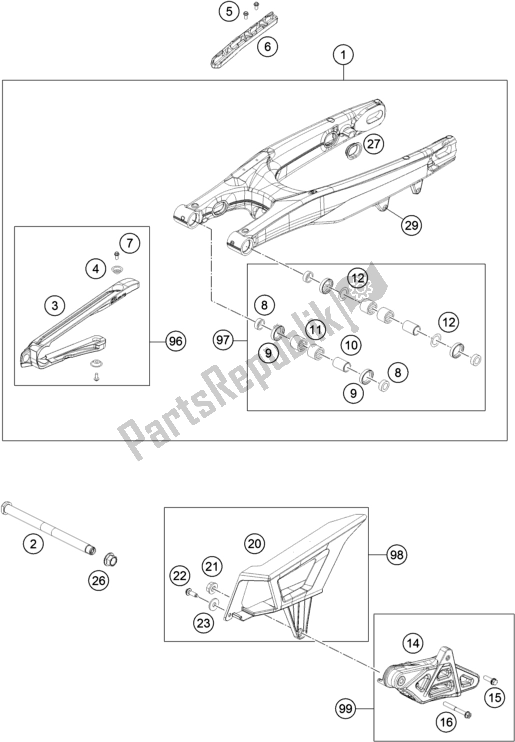 All parts for the Swing Arm of the Husqvarna FE 501 EU 2019