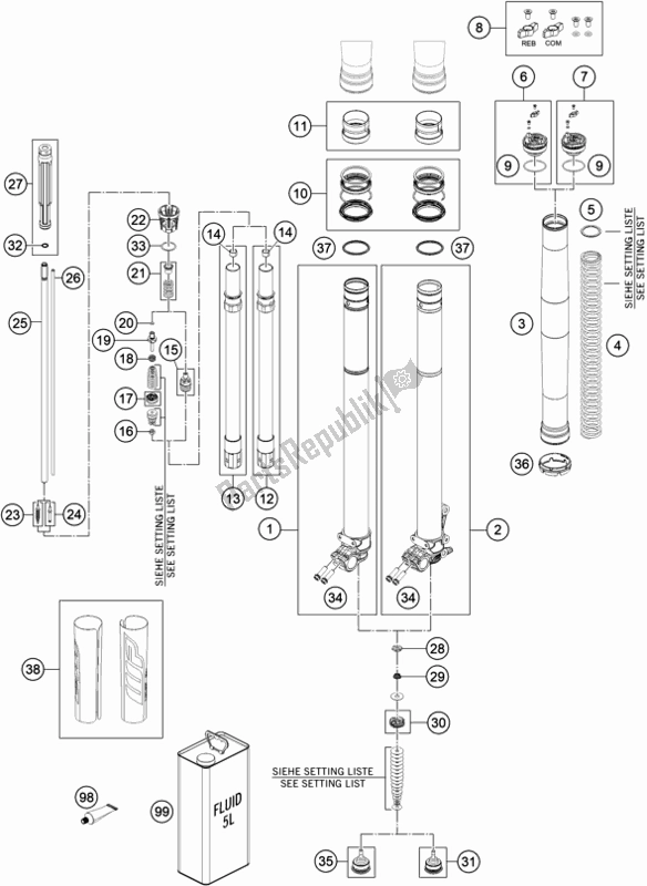 All parts for the Front Fork Disassembled of the Husqvarna FE 501 EU 2020