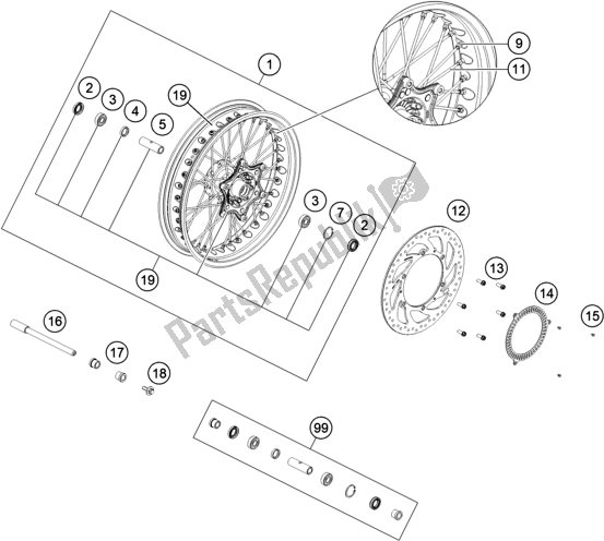 All parts for the Front Wheel of the Husqvarna Svartpilen 401-B. D. 2020