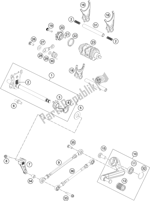 All parts for the Shifting Mechanism of the Husqvarna Svartpilen 401-B. D. 2020