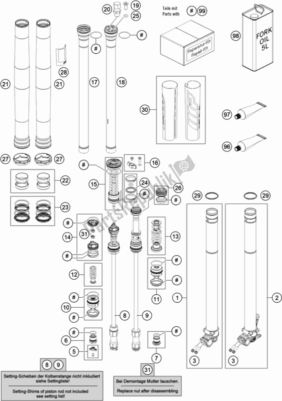 All parts for the Front Fork Disassembled of the Husqvarna TC 250 EU 2021