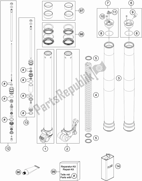 All parts for the Front Fork Disassembled of the Husqvarna TC 65 EU 2018