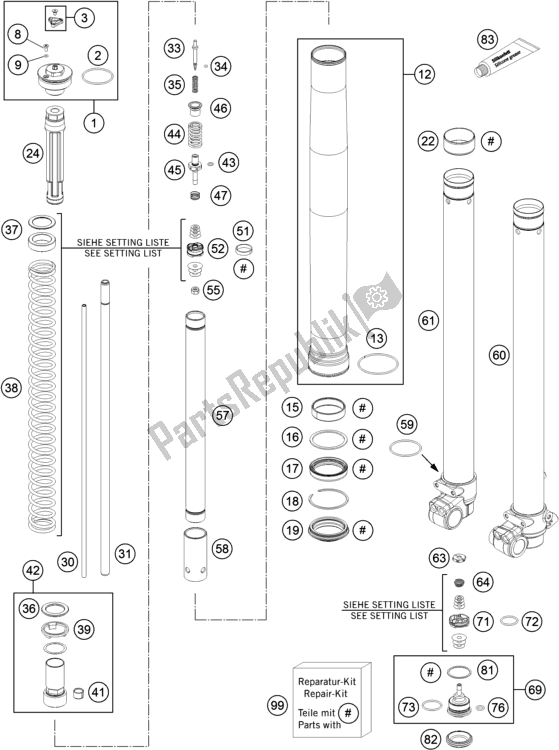 Alle onderdelen voor de Voorvork Gedemonteerd van de Husqvarna TC 85 17/ 14 EU 851714 2016