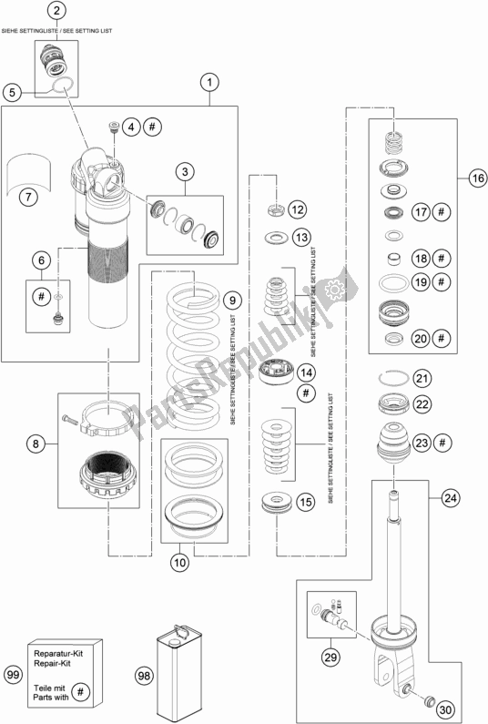 All parts for the Shock Absorber Disassembled of the Husqvarna TE 250 2017