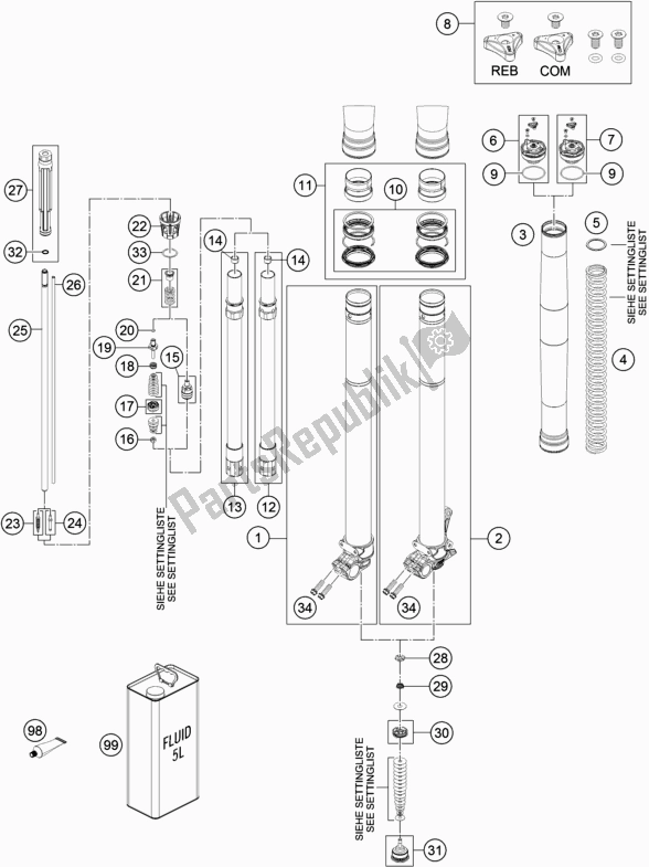 All parts for the Front Fork Disassembled of the Husqvarna TE 250 2018