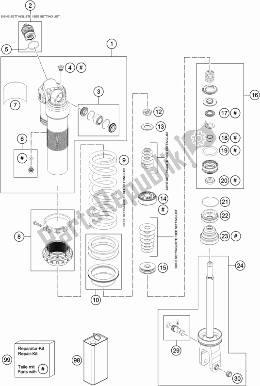 All parts for the Shock Absorber Disassembled of the Husqvarna TE 250 2018