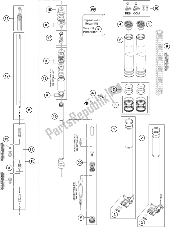 All parts for the Front Fork Disassembled of the Husqvarna TE 250 EU 2016