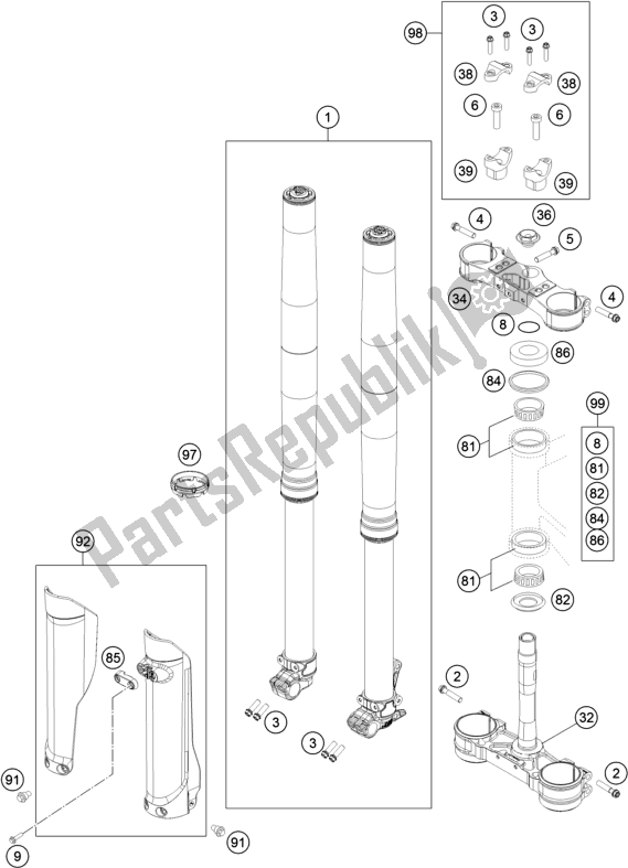 All parts for the Front Fork, Triple Clamp of the Husqvarna TE 300 2018