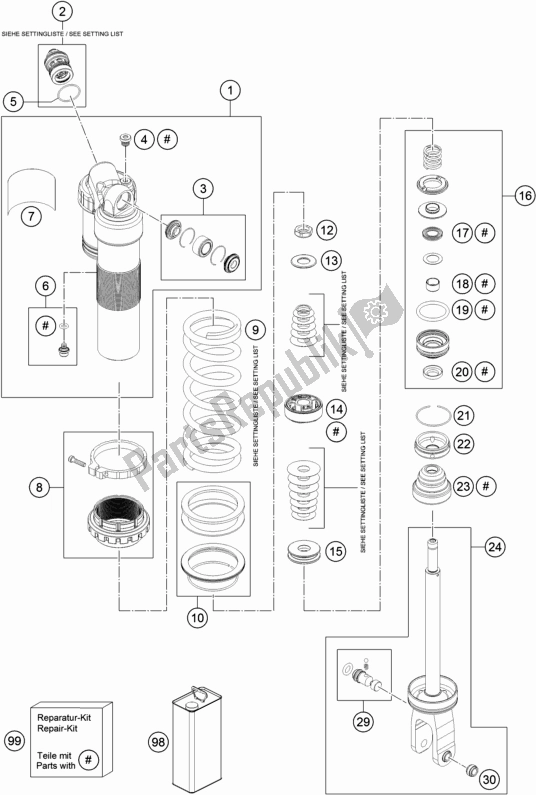 All parts for the Shock Absorber Disassembled of the Husqvarna TE 300 2018