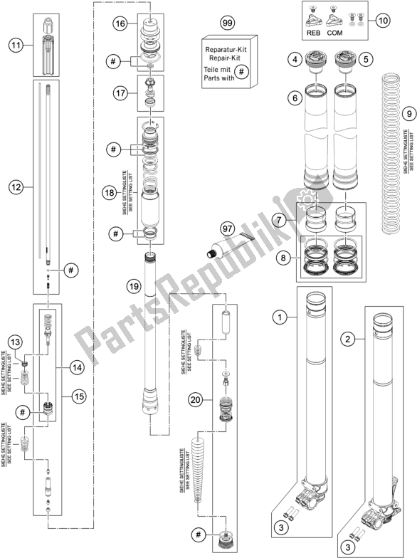 All parts for the Front Fork Disassembled of the Husqvarna TE 300 EU 2016