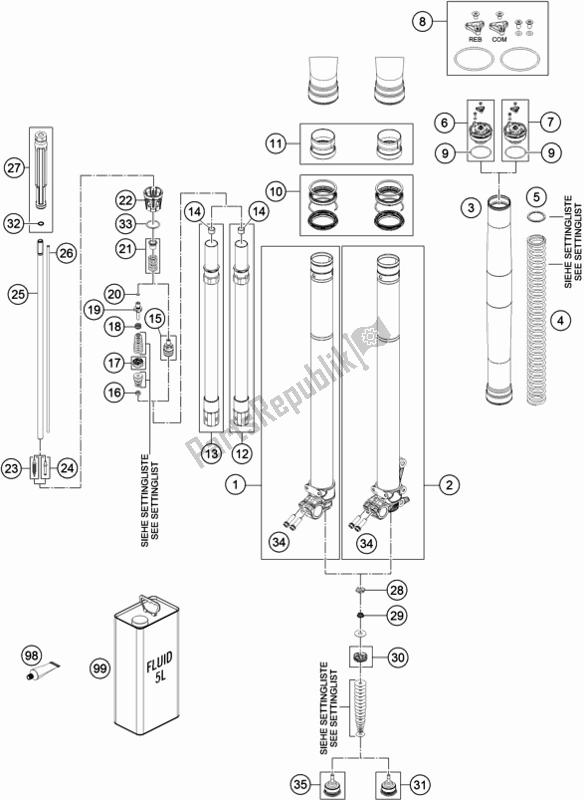 All parts for the Front Fork Disassembled of the Husqvarna TE 300I EU 2019