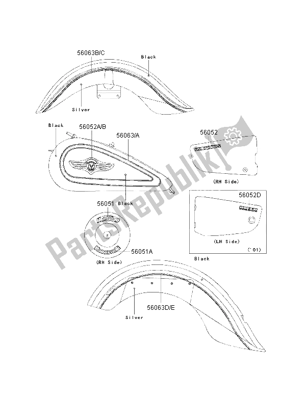 All parts for the Decals (black-silver) of the Kawasaki VN 1500 Classic FI 2001