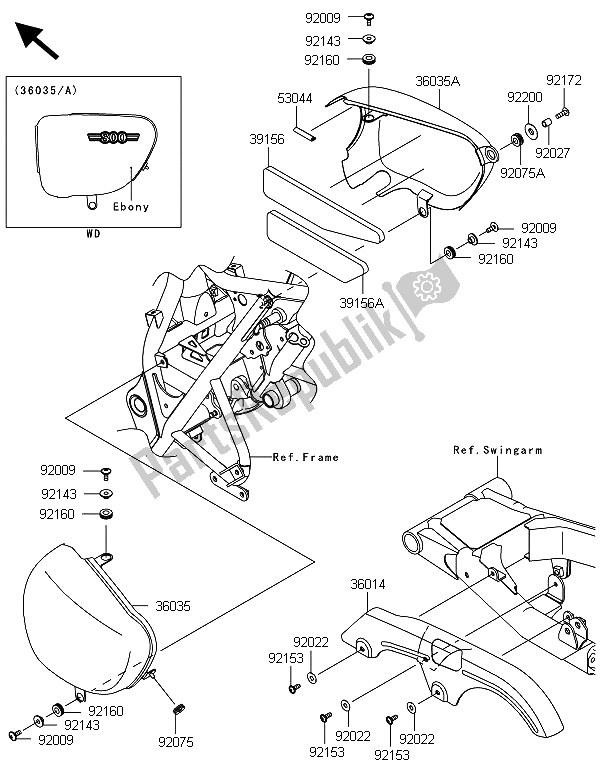 Alle onderdelen voor de Zijafdekkingen & Kettingafdekking van de Kawasaki W 800 2013
