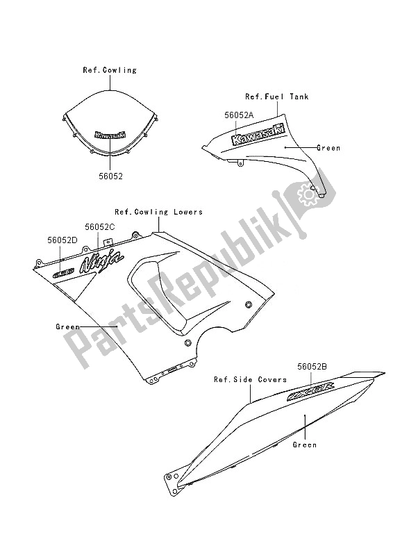 All parts for the Decals (green) of the Kawasaki Ninja ZX 6R 600 2005