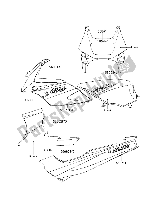 Wszystkie części do Kalkomanie (czarne) Kawasaki GPZ 500S 1998