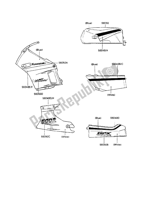 All parts for the Decals (blue-white) of the Kawasaki GPX 600R 1990