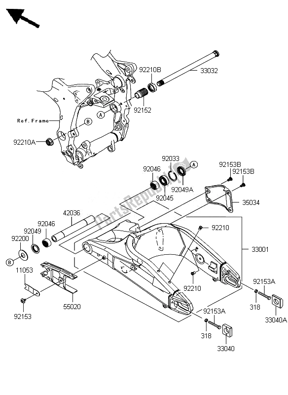 All parts for the Swingarm of the Kawasaki Ninja ZX 6R 600 2007