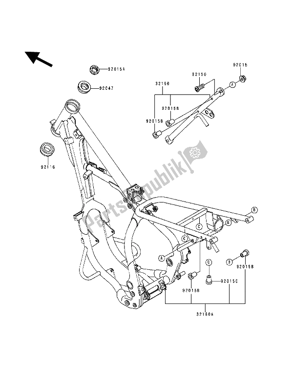 All parts for the Frame of the Kawasaki KDX 200 1993