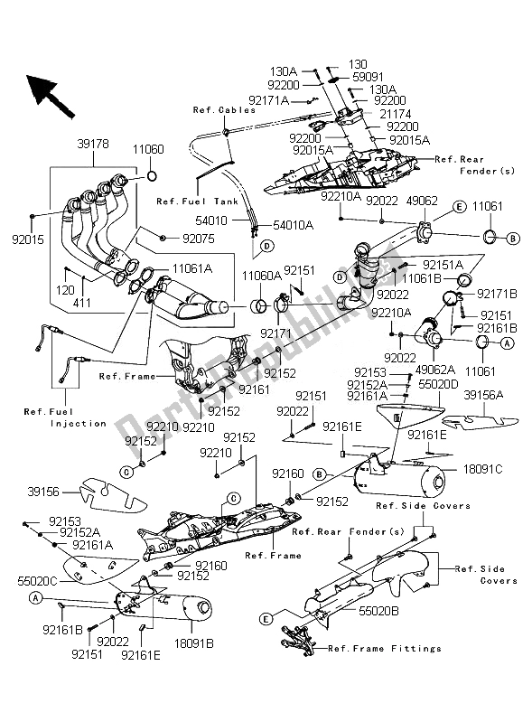 All parts for the Muffler of the Kawasaki Ninja ZX 10R 1000 2007