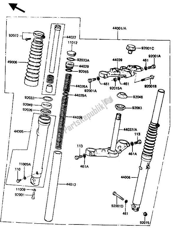 All parts for the Front Fork of the Kawasaki KE 125 1985