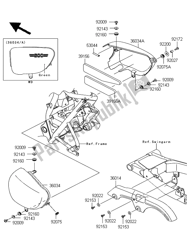 All parts for the Side Covers & Chain Cover (main Body Color: Metallic Dark Green (727) of the Kawasaki W 800 2012