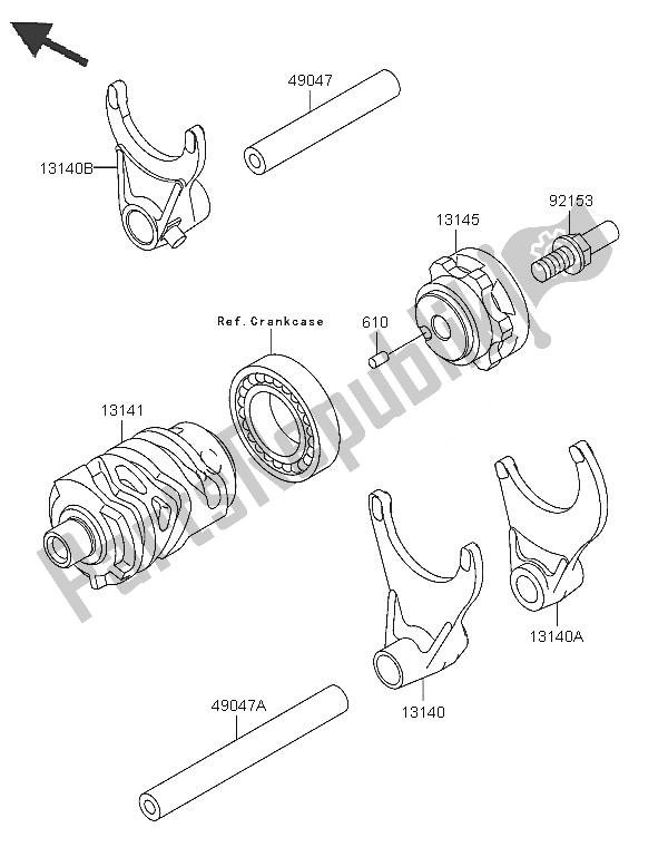 All parts for the Gear Change Drum & Shift Fork of the Kawasaki KX 250 2005