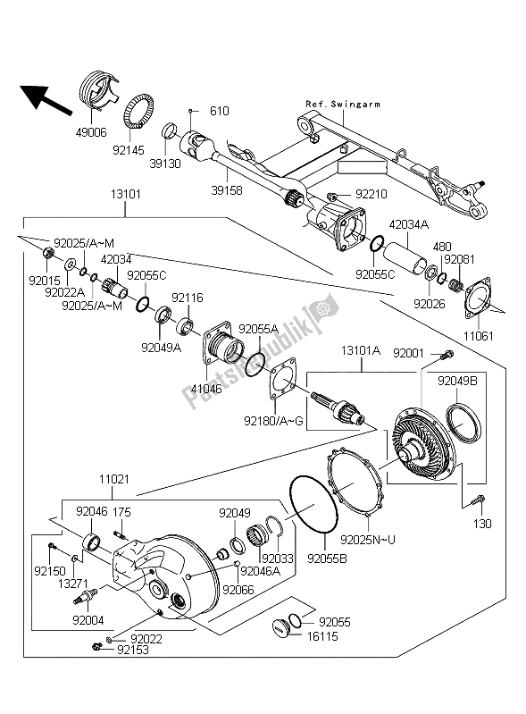 Toutes les pièces pour le Arbre D'entraînement Et Engrenage Final du Kawasaki VN 1600 Mean Streak 2004