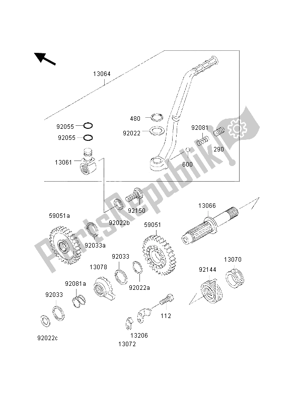 All parts for the Kickstarter Mechanism of the Kawasaki KX 500 2000