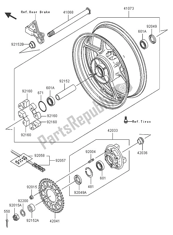 Tutte le parti per il Mozzo Posteriore del Kawasaki Ninja ZX 6R 600 2005